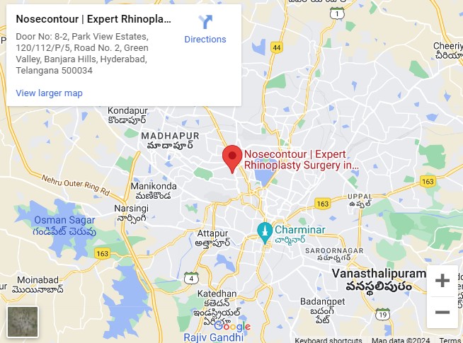Map showing the location of NoseContour clinic in a city layout.